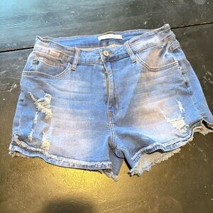 KanCan Blue Frayed Hem Jean Shorts